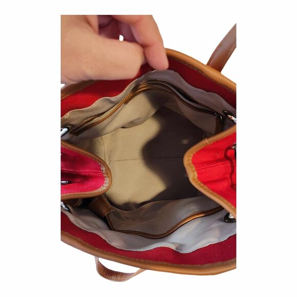 TALBOTS Red Canvas Abstract Scarf Print Design Top Handle Tote Bucket Bag EUC - Picture 10 of 15